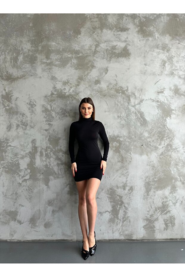 Dik Yaka Siyah Mini Elbise - 4