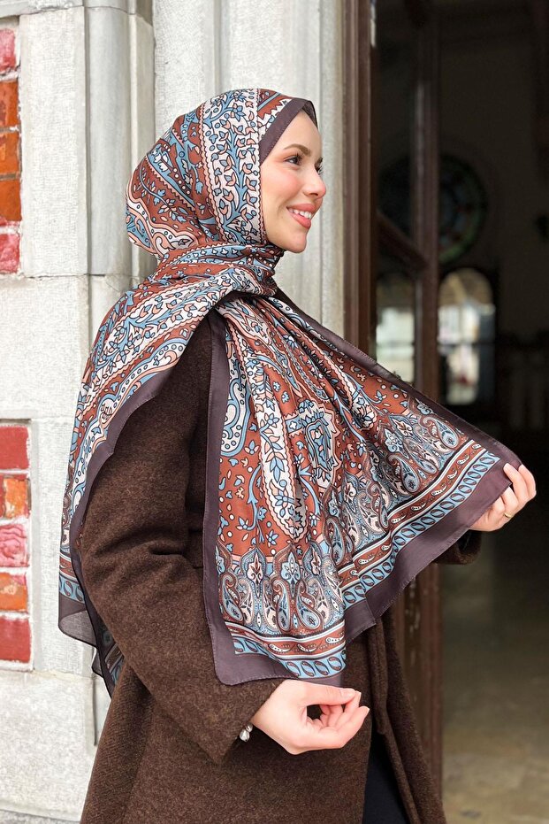 Soft Pamuk Şal - Otantik Desen - SLT2890-04 - Mavi, Kiremit - 3