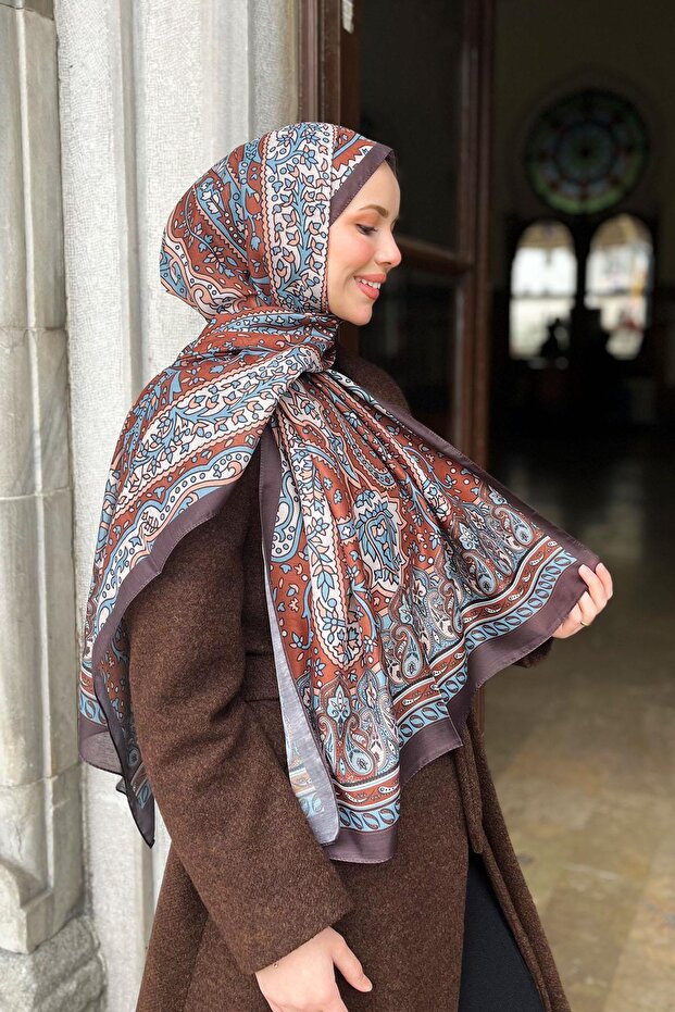 Soft Pamuk Şal - Otantik Desen - SLT2890-04 - Mavi, Kiremit - 4