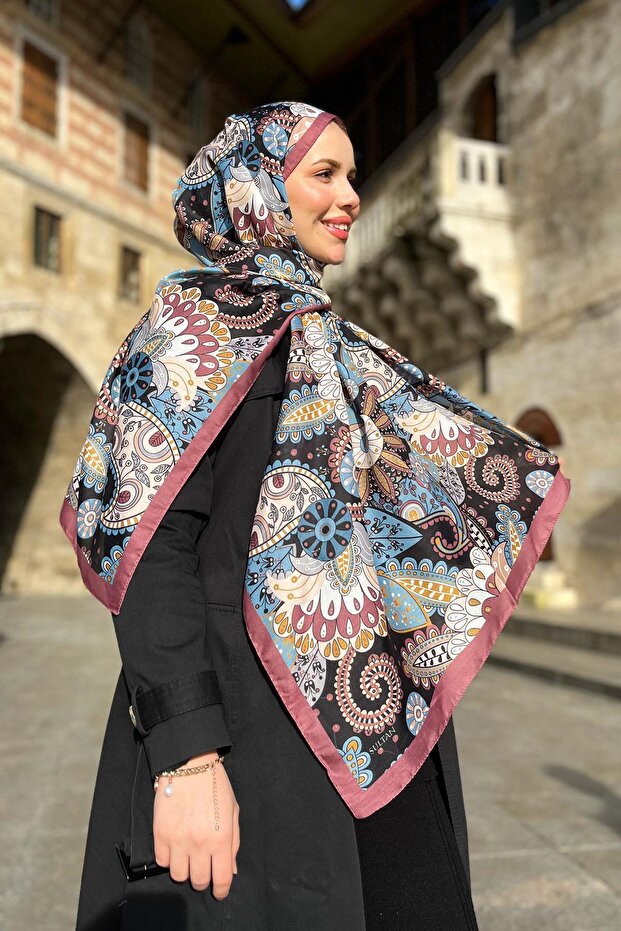 Soft Pamuk Şal - Çiçeksi Şal Desen - SLT2562-17 - Koyu Gül Kurusu, Mavi - 2