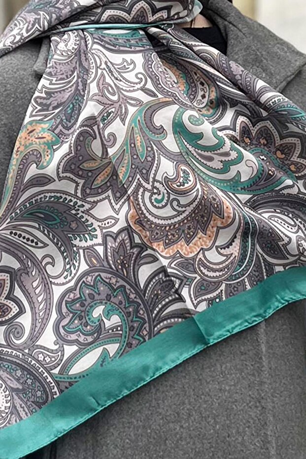 Soft Pamuk Şal - Retro Desen - SLT3078-19 - Taş, Yeşil, Gri - 3