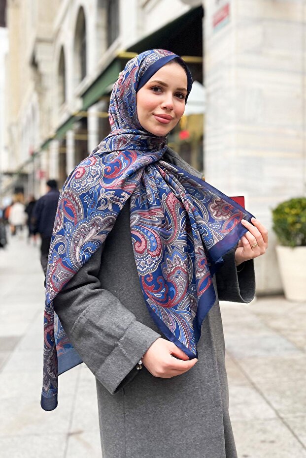 Soft Pamuk Şal - Retro Desen - SLT3078-10 - Lacivert, Gri, Bordo - 2