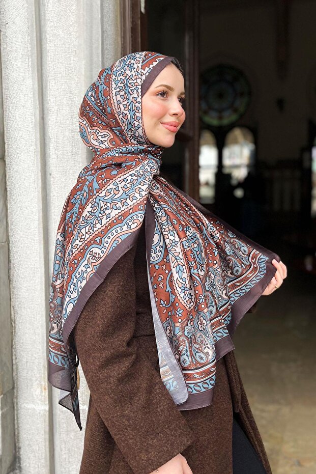 Soft Pamuk Şal - Otantik Desen - SLT2890-04 - Mavi, Kiremit - 1