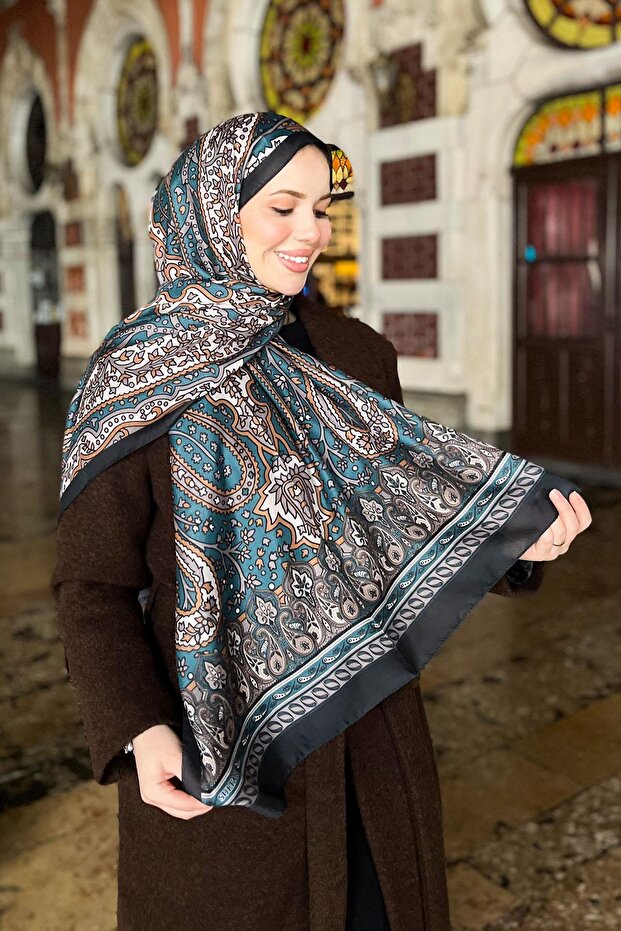 شال قطني ناعم - نمط أصلي - SLT2890-03 - أزرق، برتقالي، أسود