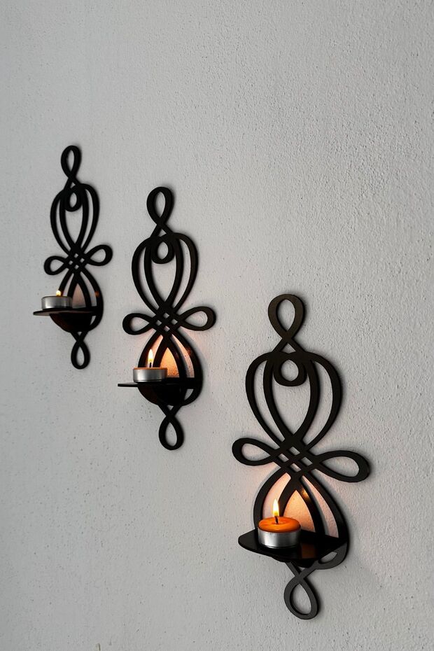 3’lü Ahşap Duvar Mumluk Seti - 1