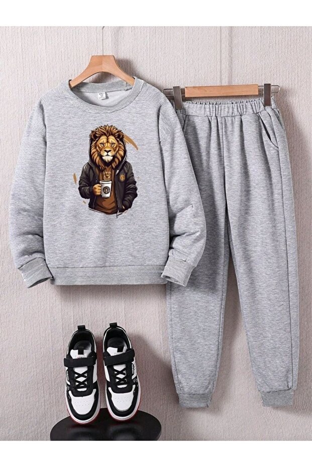 Cool Lion Printed Crew Neck Unisex Kids Tracksuit Set