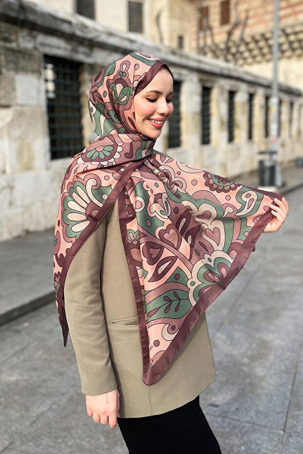 Soft Pamuk Şal - Mira Desen - SLT2527-17 - Kahve, Yeşil - 1