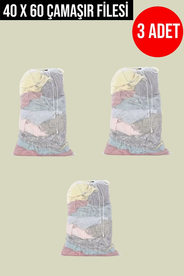 ( 3 Adet ) Pratik İpli Çamaşır Yıkama Filesi, Torbası, Perde Yıkama Filesi ( 40 Cm X 60 Cm ) - 1