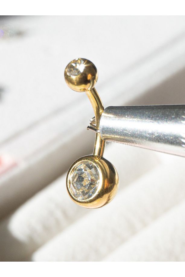 Cerrahi Çelik | İki Tarafı Taşlı Basic Minimal Göbek Belly Piercingi (1 Adet) - 1