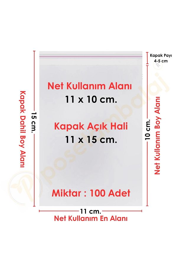 11x10+5 Cm. (11*15) 100 Adet - Şeffaf Bantlı Yapışkanlı Opp Jelatin Poşet - 1