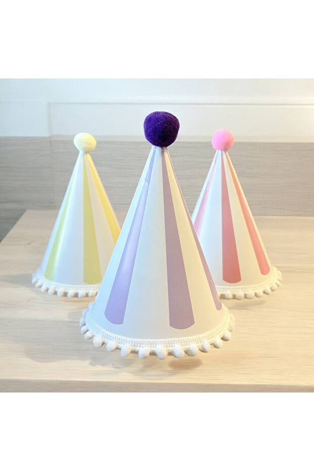 Makaron Renklerde 3 Adet Lila Sarı Pembe Karton Şapka - 2