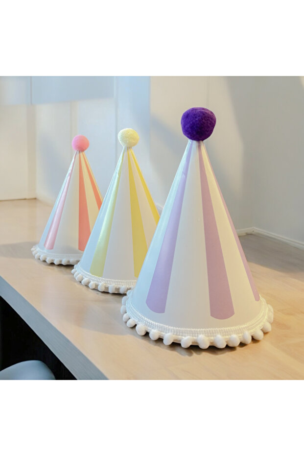 Makaron Renklerde 3 Adet Lila Sarı Pembe Karton Şapka - 1