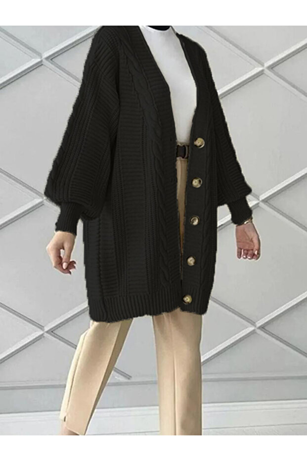 Oversize Balloon Sleeves Knitted Patterned Tricot Women's Cardigan (80cm, Size 38-44)