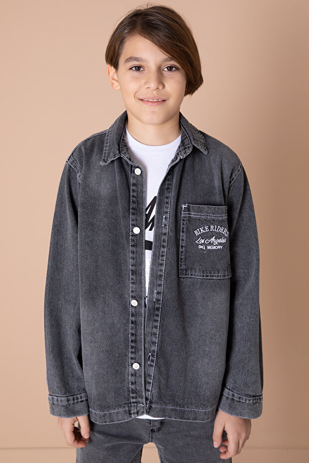 Smoked Lettering Embroidered Jean Shirt and T-Shirt Boys 2 Piece Set 20036