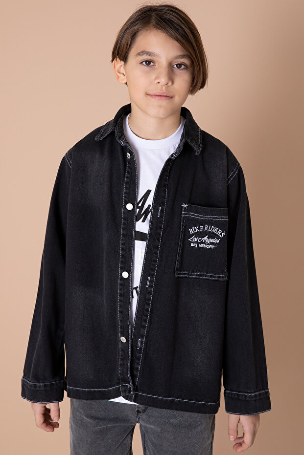 Black Text Embroidered Jean Shirt T-Shirt and Boy's 2 Piece Set 20035