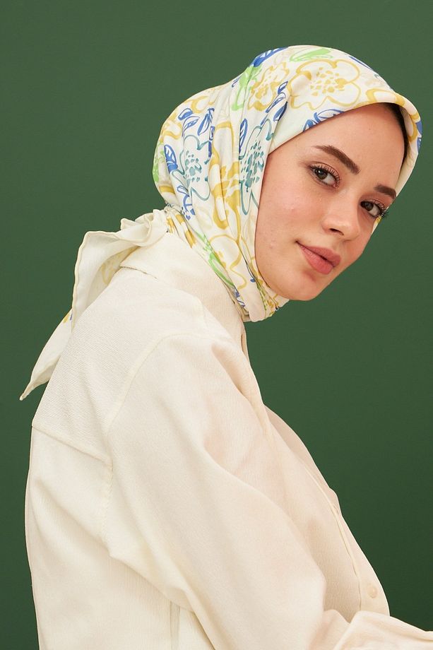 Pastel Mavi Sarı Pamuk Viskon Eşarp Modeli - 5