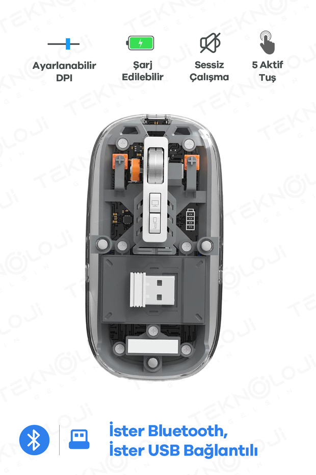 Kablosuz Mouse Fare Şarjlı Bluetooth Wireless Çift Modlu Sessiz 5 Tuşlu Şeffaf DPI Kontrol  Tg-9010 - 1