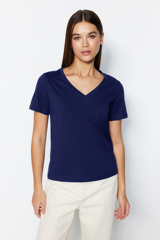 Lacivert %100 Pamuk Basic V Yaka Örme T-Shirt TWOSS23TS00001 - 1