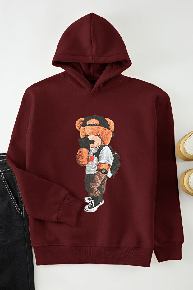 Bordo Unısex Oversize Ayıcık Baskılı İçi Polar/Sıcak Tutan Kapüşonlu Sweatshirt TMNAW25SW00210 - 2