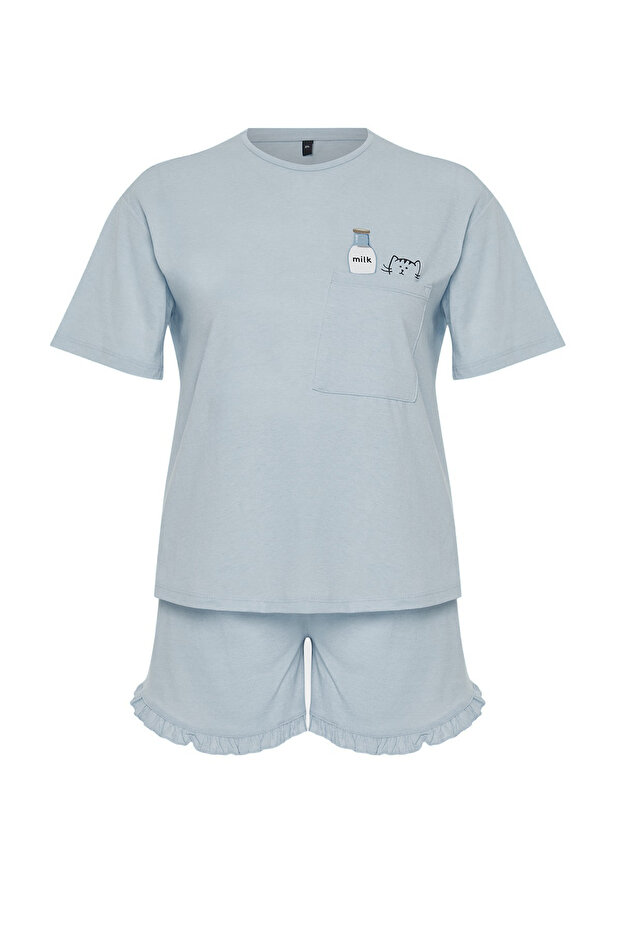 Açık Mavi Kedi Baskılı Örme Pijama Takımı TBBSS24AI00035 - 6
