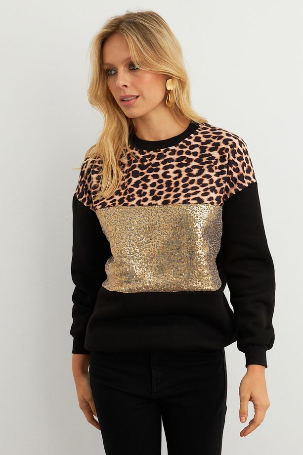 Kadın Siyah-Camel Bloklu Sweatshirt MST098 - 3