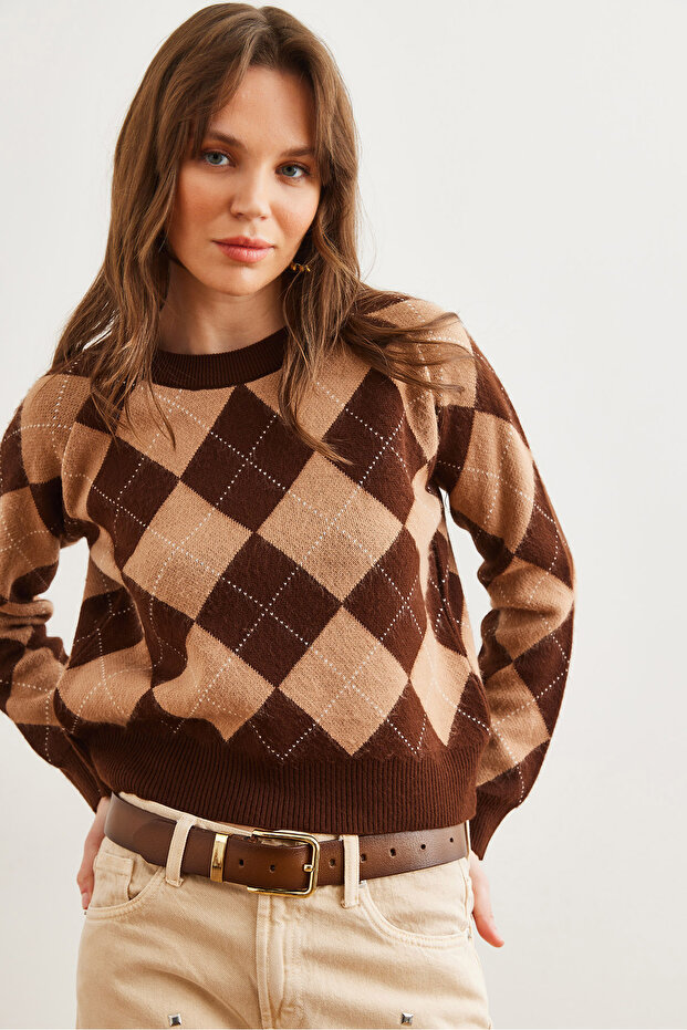 Women's Bitter Brown Diamond Patterned Raised Knitwear Sweater Kzk- 19000933