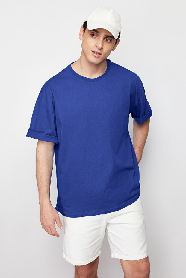 Mavi Oversize/Geniş Kesim %100 Pamuklu Kısa Kollu Basic T-Shirt TMNSS22TS0318 - 1