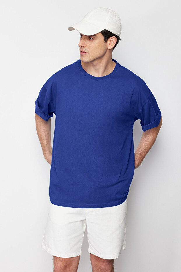 Mavi Oversize/Geniş Kesim %100 Pamuklu Kısa Kollu Basic T-Shirt TMNSS22TS0318 - 3