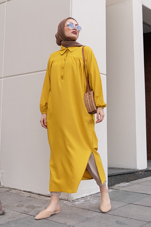 8222 Ruched Tunic with Side Slits and Yoke Yellow