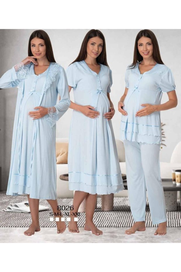 Effort Women's Blue Adjustable Waist Lace Dressing Gown Set of 4 Maternity Pregnant Pajamas Nightgown Set