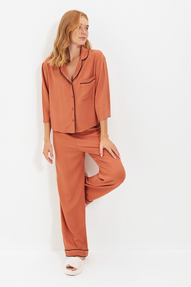 Tarçın Biyeli Viskon Dokuma Pijama Takımı THMAW21PT0292 - 4