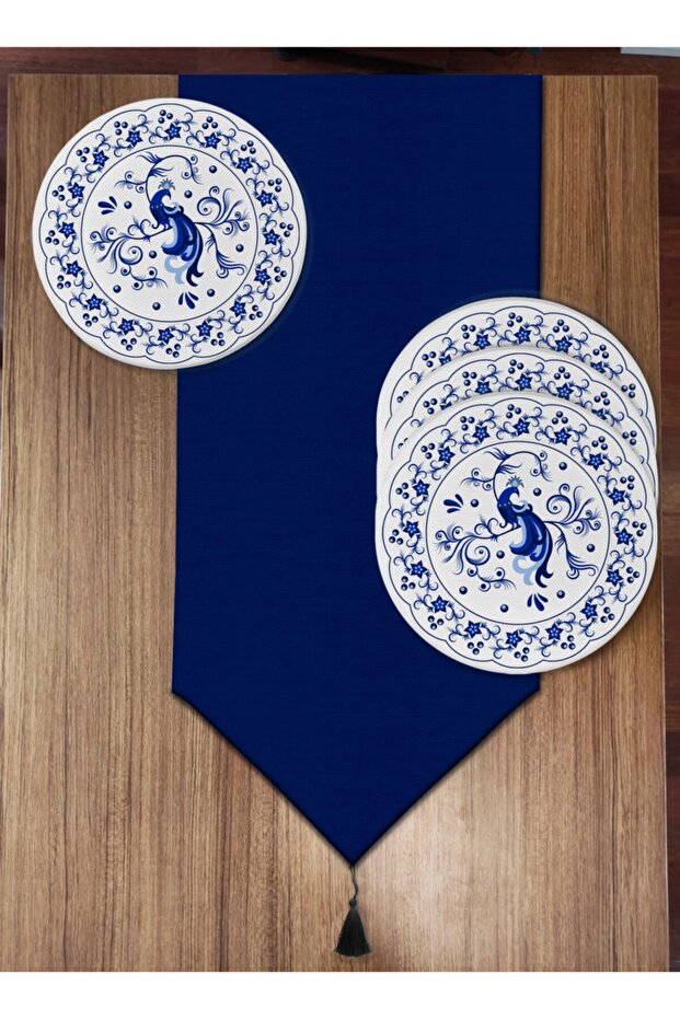 Navy Blue Peacock Detailed 6-Piece Plate and Runner Set