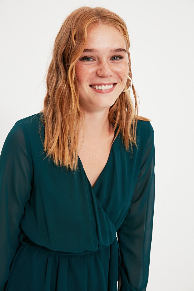 Smaragdgrünes, zweireihiges Webkleid mit Gürtel TWOAW20EL0789 - 3