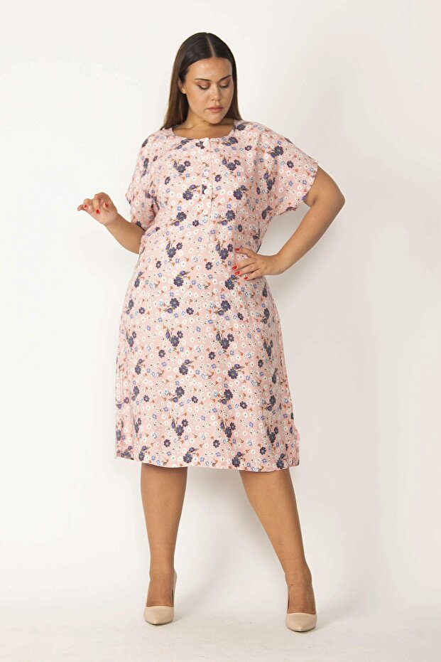 Women's Large Size Salmon Front Half Patch Buttoned Waist Belted Woven Viscose Fabric Dress 65n27687