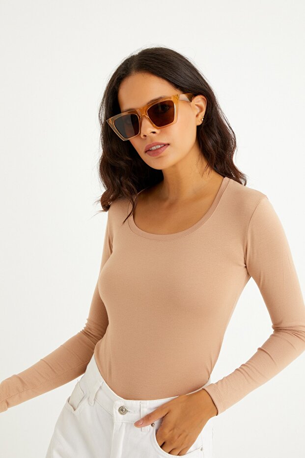 De damă Camel guler pătrat cu mânecă lungă Basic Badi - 2