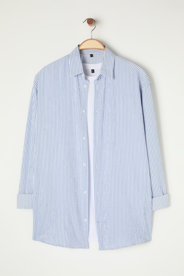 Mavi Oversize Çizgili Gofre Esnek Rahat Kumaş Örme Gömlek TMNSS25GO00024 - 8