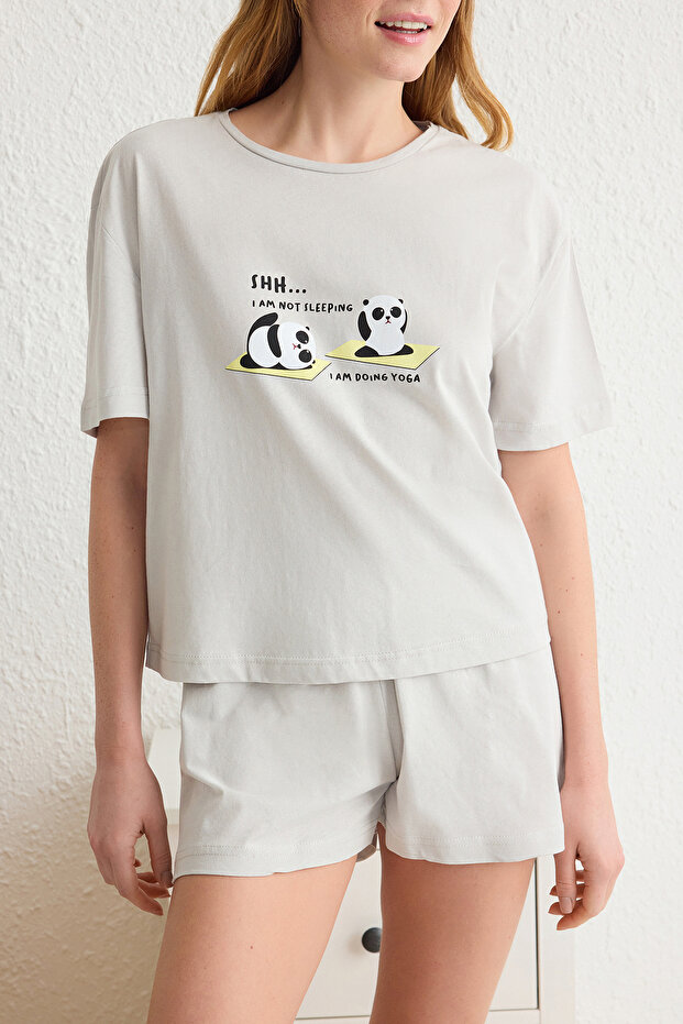 Açık Gri %100 Pamuklu Panda Baskılı Şortlu Örme Pijama Takımı THMSS25PT00068 - 3