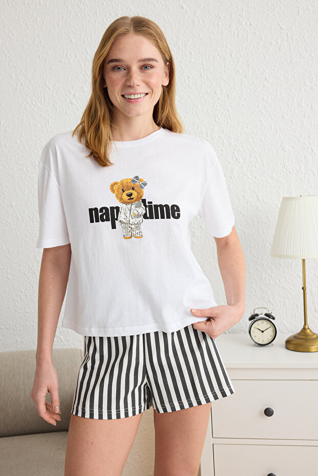 Kadın Couple/Çift Beyaz %100 Pamuklu Ayıcıklı Çizgili Şortlu Örme Pijama Takımı THMSS24PT00175 - 2