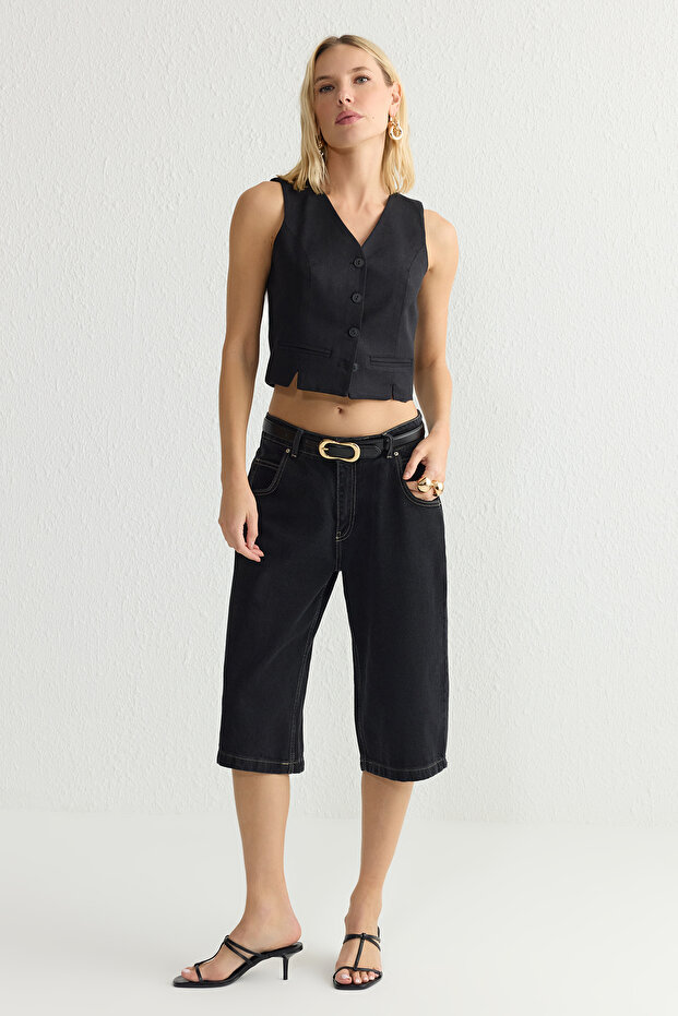Siyah Fitted Keten Görünümlü V Yaka Crop Dokuma Yelek TWOSS25YE00028 - 2
