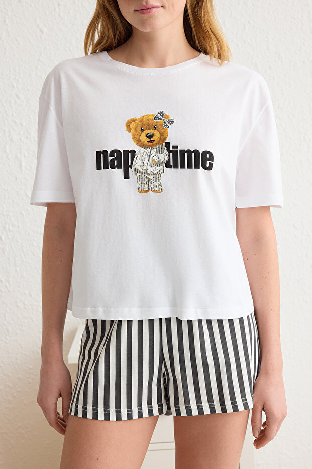 Kadın Couple/Çift Beyaz %100 Pamuklu Ayıcıklı Çizgili Şortlu Örme Pijama Takımı THMSS24PT00175 - 4