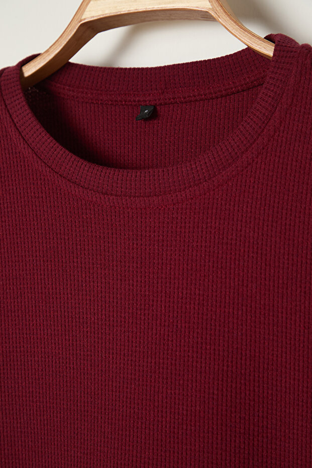 Basic Bordo Oversize/Geniş Kesim Dokulu Waffle Kısa Kol T-Shirt TMNSS22TS00049 - 8