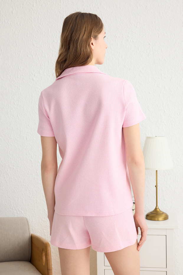 Pembe Kurdele/Fiyonk Detaylı Waffle Kumaş Şortlu Örme Pijama Takımı THMSS25PT00014 - 5