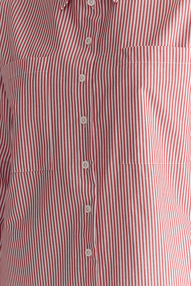 Kırmızı Çizgili Oversize Geniş Kalıp Dokuma Gömlek TWOAW23GO00359 - 3