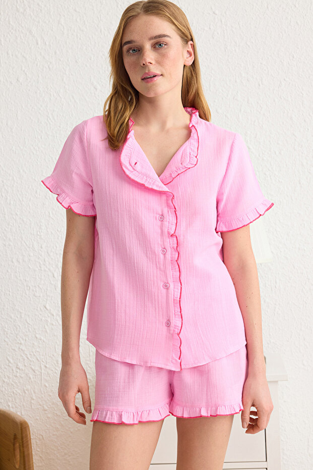 Açık Pembe %100 Pamuklu Fırfırlı Müslin Şortlu Dokuma Pijama Takımı THMSS25PT00047 - 2