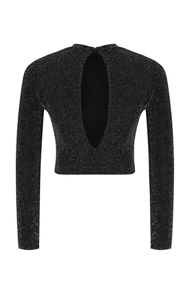 Antrasit Crop Sırt Detaylı Simli Örme Bluz TEDAW25BZ00043 - 3