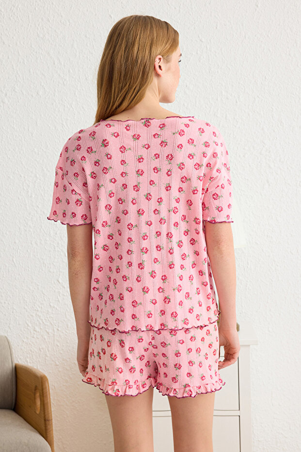 Pembe %100 Pamuklu Çiçekli Fırfırlı Pointel Ajurlu/Delikli Şortlu Örme Pijama Takımı THMSS25PT00010 - 6