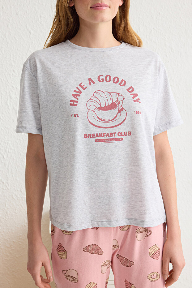 Gri Melanj %100 Pamuklu Slogan Baskılı Örme Pijama Takımı THMSS25PT00162 - 3