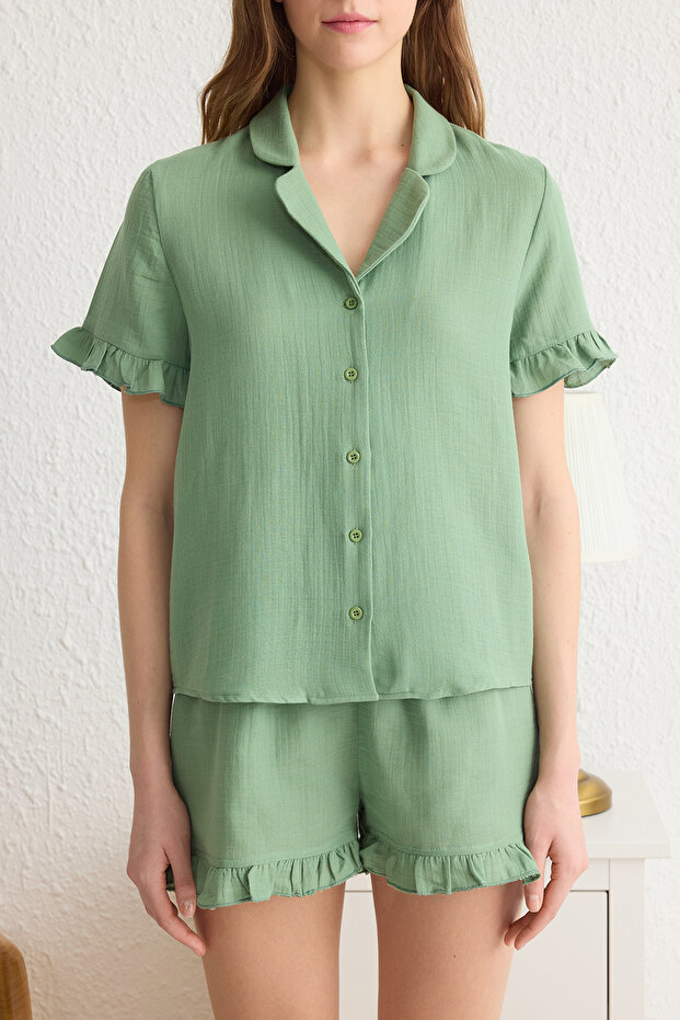 Yeşil %100 Pamuklu Fırfırlı Müslin Şortlu Dokuma Pijama Takımı THMSS25PT00034 - 3