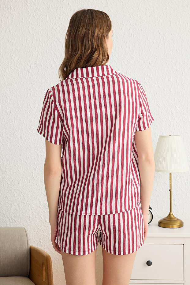 Bordo Çizgili Dokulu Kumaştan Şortlu Dokuma Pijama Takımı THMSS25PT00026 - 5