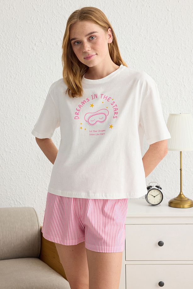 Pembe %100 Pamuklu Çizgili Slogan Baskılı Uyku Bantlı Şortlu Örme Pijama Takımı THMSS25PT00102 - 2